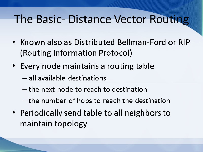 The Basic- Distance Vector Routing Known also as Distributed Bellman-Ford or RIP (Routing Information